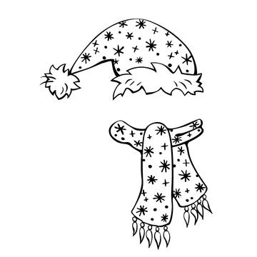 Set of hat, cap, scarf icons. Vector outline winter accessories. Hand drawn c Illustrazione stock