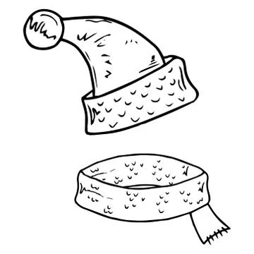 Set of hat with scarf icon. Vector winter scarf and hat. Hand drawn children' Stock Illustration