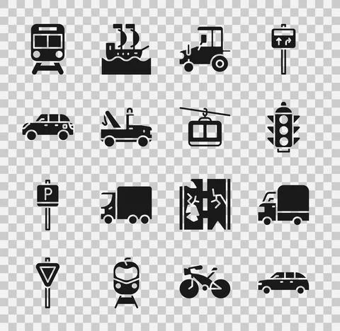 Set Hatchback car, Delivery cargo truck, Traffic light, Tractor, Tow, Train a Illustrazione stock