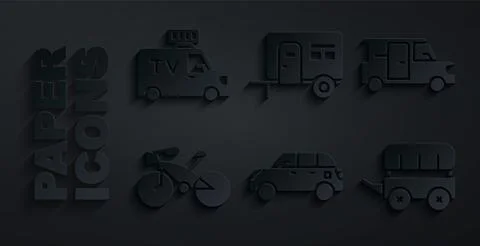 Set Hatchback car, Minibus, Bicycle, Wild west covered wagon, Rv Camping trai Stock Illustration