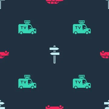 Set Hatchback car, Road traffic signpost and TV News on seamless pattern. Vector Stock Illustration