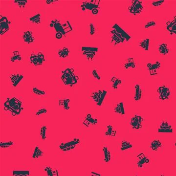 Set Hatchback car, Tractor, Car and Cruise ship on seamless pattern. Vector Illustrazione stock