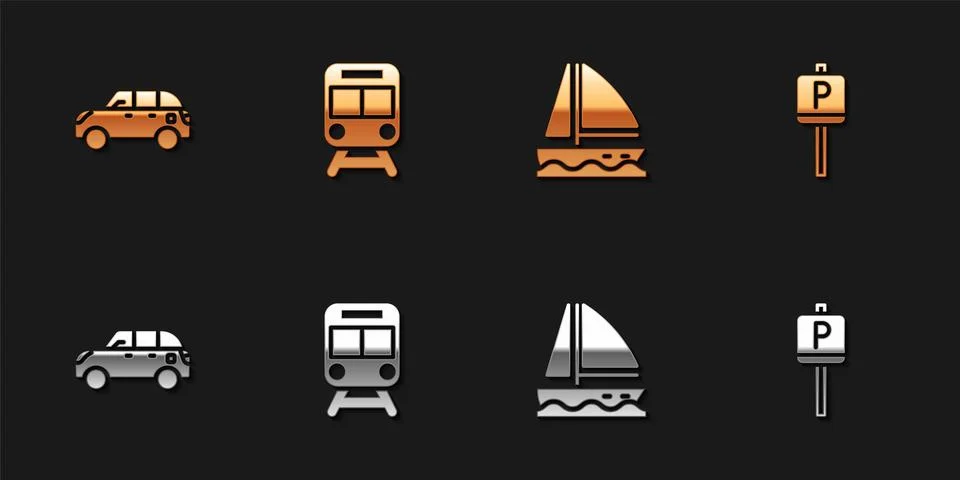 Set Hatchback car, Train and railway, Yacht sailboat and Parking icon. Vector Stock Illustration