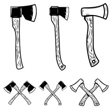 Set of hatchets. Lumberjack axe. Design element for poster, emblem, sign, log Stock-Illustration