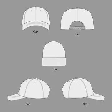 Set of hats. Plain Baseball Cap. Trucker Hat Snap back Technical Drawing Stock Illustration