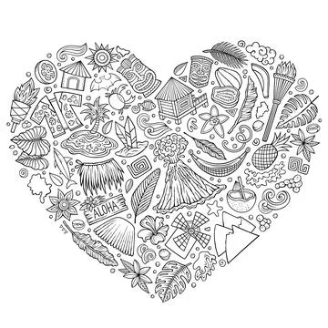 Set of Hawaii cartoon doodle objects. Heart form composition Stock Illustration