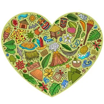 Set of Hawaii cartoon doodle objects. Heart form composition Stock Illustration