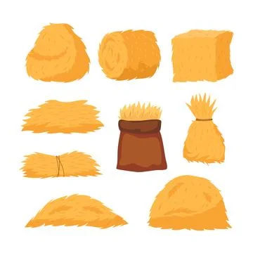 Set of haystack set collection, Hay bales, piles, heaps and stacks set, str.. Stock Illustration