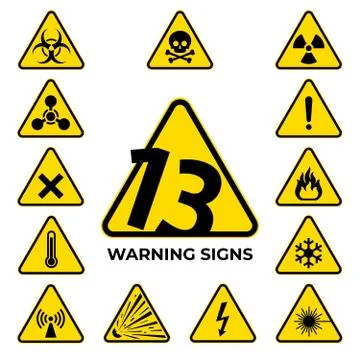 Set of hazard warning signs. 13 yellow triangle warning safety caution icon Stock Illustration