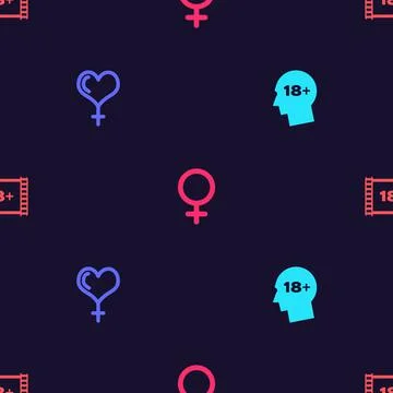 Set Head with 18 plus, Female gender and heart, symbol and Play Video on Stock Illustration