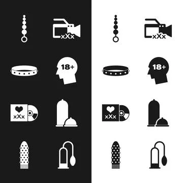 Set Head with 18 plus, Leather fetish collar, Anal beads, Video camera Sex, Disc Stock Illustration