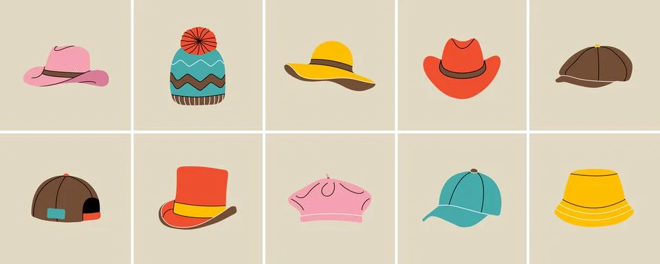 Set of head accessories element in modern flat line style. Hand drawn vector Stock Illustration