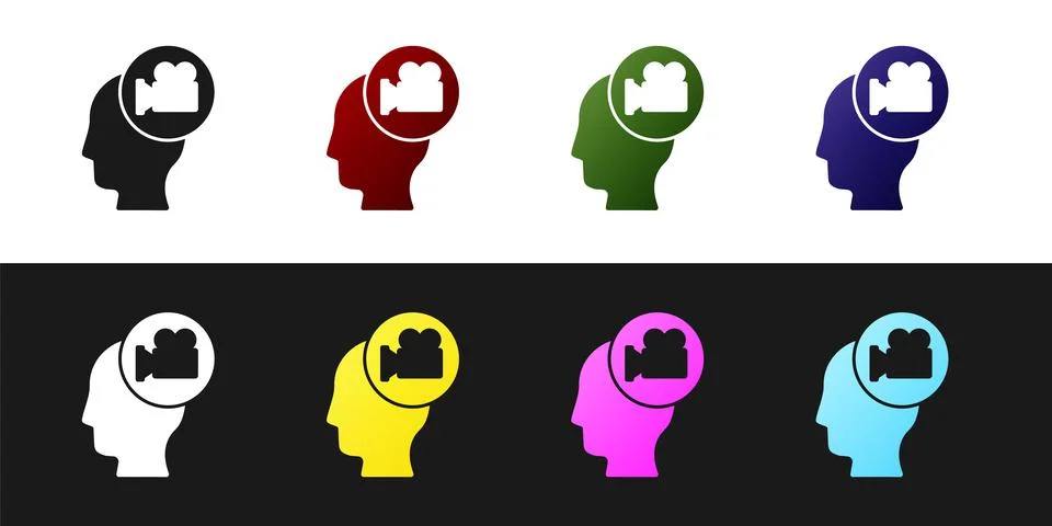 Set Head with camera icon isolated on black and white background. Video camera Illustrazione stock