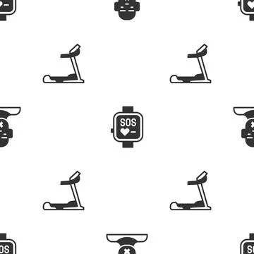 Set Head of deaf and dumb, Smart watch and Treadmill machine on seamless pattern Stock Illustration