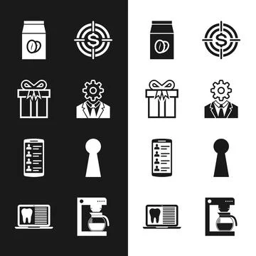Set Head with gear inside, Gift box, Coffee beans bag, Target dollar, Smartphone Stock Illustration