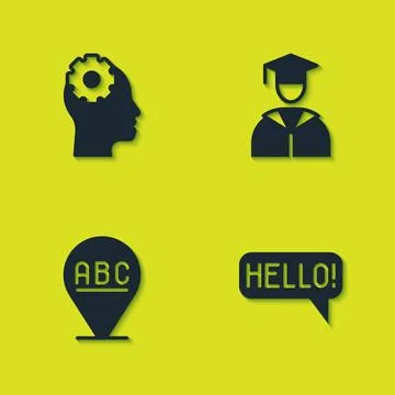 Set Head with gear inside, Hello different languages, Alphabet and Graduate.. Stock Illustration