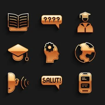 Set Head with gear inside, Salut different languages, Online translator, Ea.. Stock Illustration