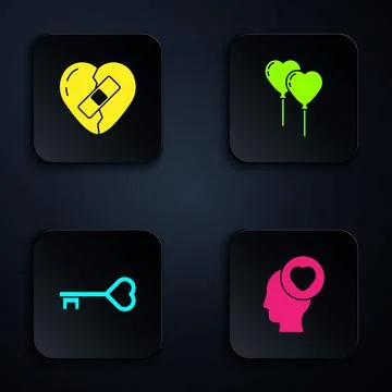 Set Head with heart, Healed broken, Key in shape and Balloons form of. Black Ilustración de archivo