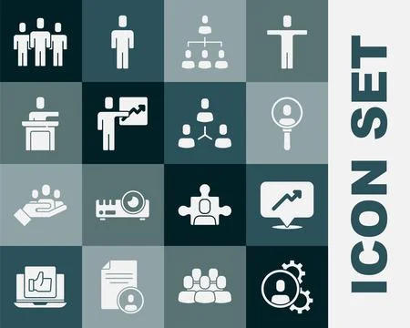 Set Head hunting Graph schedule chart Search people Hierarchy organogram Team Stock Illustration