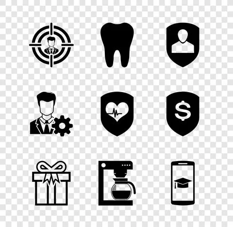 Set Head hunting, Tooth, User protection, Gift box, Coffee machine with pot and Stock Illustration
