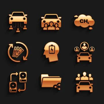 Set Head with low battery, Share folder, Car sharing, , Data exchange hhd and Stock Illustration