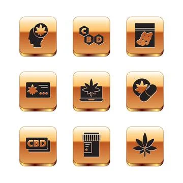 Set Head with marijuana or cannabis, Cannabis molecule, Medical bottle, Laptop Stock Illustration