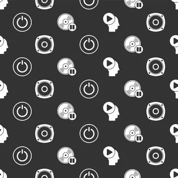 Set Head people with play button, Stereo speaker, Power button and Vinyl disk on Ilustração Stock