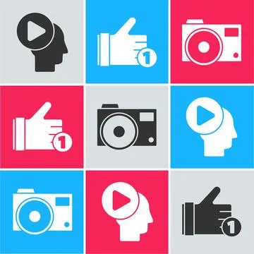 Set Head people with play button, Hand like and Photo camera icon. Vector Illustrazione stock