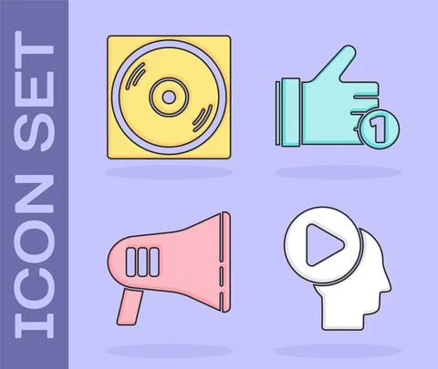 Set Head people with play button, Vinyl disk, Megaphone and Hand like icon Stock Illustration