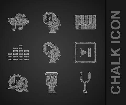 Set Head people with play button, Drum, Musical tuning fork, Fast forward, note Illustrazione stock