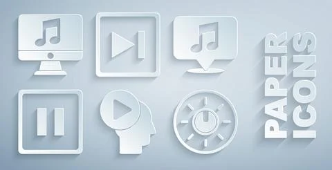 Set Head people with play button, Musical note in speech bubble, Pause, Dial  Illustrazione stock