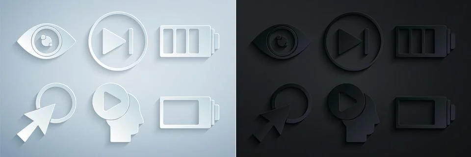 Set Head people with play button, Battery charge level indicator, Arrow cursor 库存插图