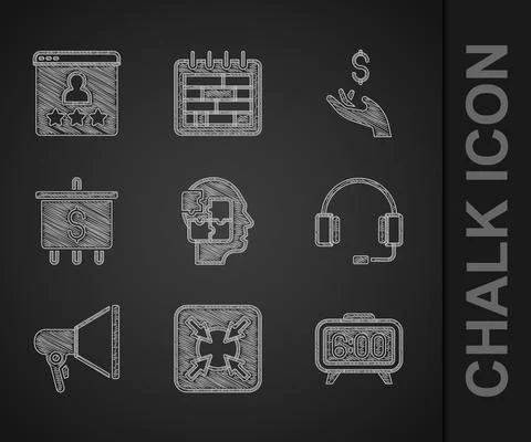 Set Head puzzles strategy, Target, Digital alarm clock, Headphones, Megaphone Illustrazione stock