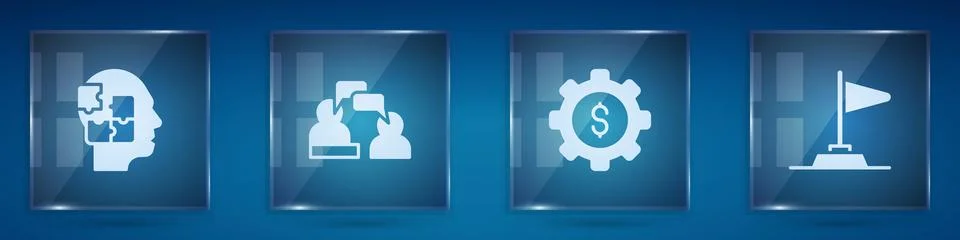 Set Head puzzles strategy, Two sitting men talking, Gear with dollar and Flag Stock Illustration