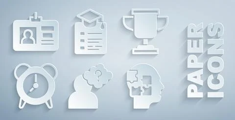 Set Head with question mark, Award cup, Alarm clock, puzzles strategy, Online Stock Illustration