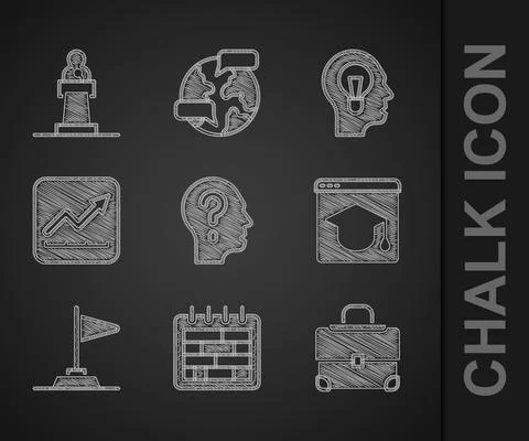 Set Head with question mark, Calendar, Briefcase, Online education, Flag Stock-Illustration