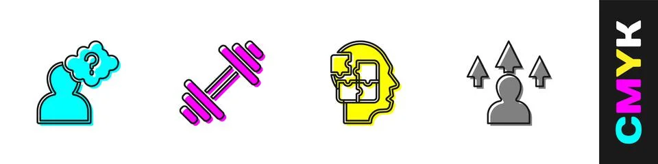 Set Head with question mark, Dumbbell, puzzles strategy and Front end Ilustración de archivo