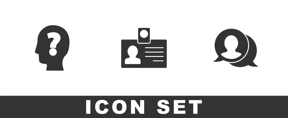 Set Head with question mark, Identification badge and Speech bubble chat icon Stock Illustration