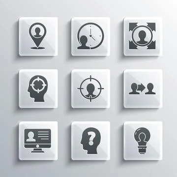 Set Head with question mark, lamp bulb, Project team base, hunting, Monitor Stock Illustration