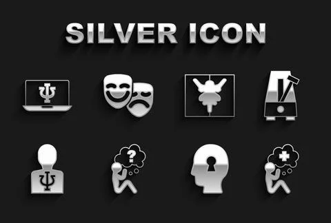 Set Head with question mark, Metronome pendulum, Helping hand, Solution to the Illustrazione stock