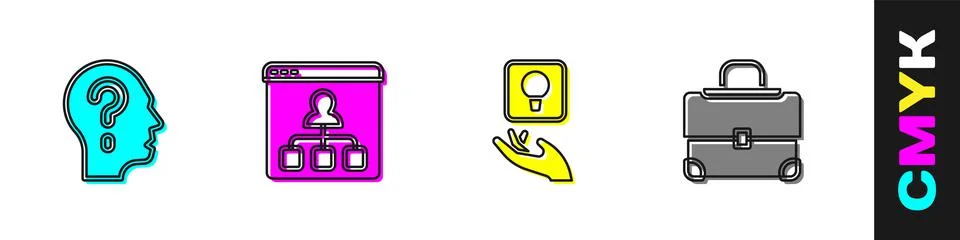 Set Head with question mark, Online education, Light bulb and Briefcase icon Stock-Illustration
