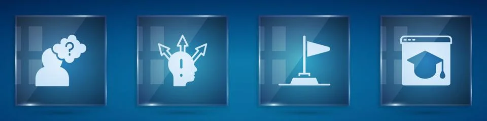 Set Head with question mark, Project team base, Flag and Online education. Sq 스톡 일러스트