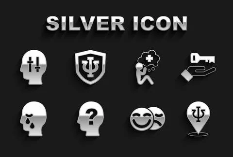 Set Head with question mark, Solution to the problem, Psychology, Psi, Comedy Illustrazione stock