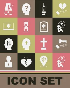 Set Head with question mark, Solution to the problem, heart, Addiction drug, Old Stockillustratie