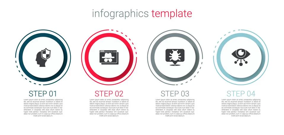 Set Head with shield, Browser incognito window, System bug and Eye scan Stock Illustration