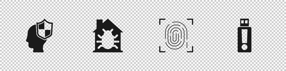Set Head with shield, House system bug, Fingerprint and USB flash drive icon Stock Illustration