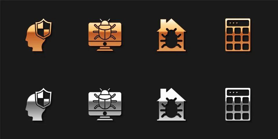 Set Head with shield, System bug on monitor, House system and Password Stock-Illustration