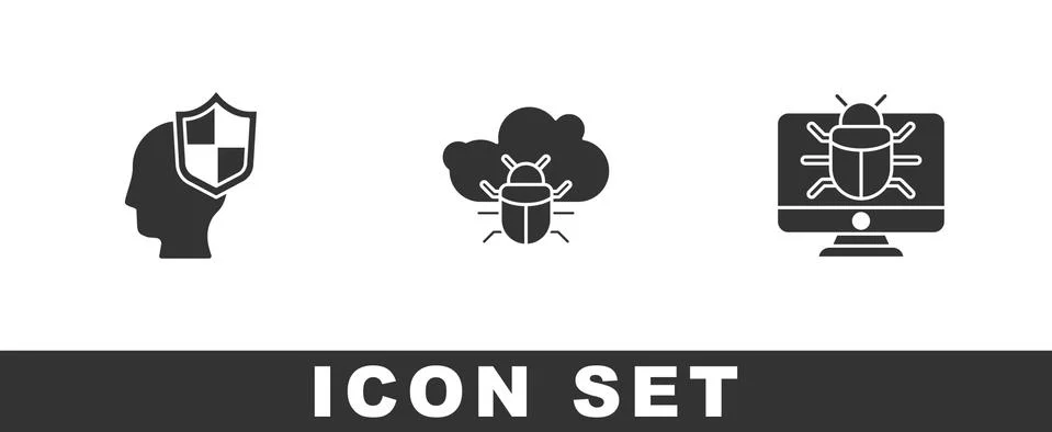 Set Head with shield, System bug on cloud and monitor icon. Vector Stock-Illustration