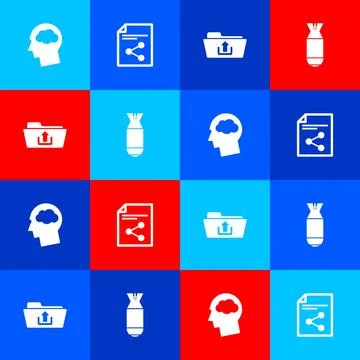 Set Head silhouette with cloud, Share file, Folder upload and Aviation bomb icon Illustrazione stock