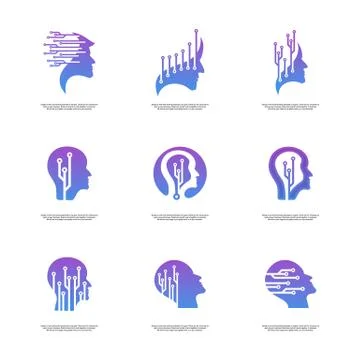 Set of Head Tech Logo concept, Brain Robotic logo Vector - Vector Illustrazione stock